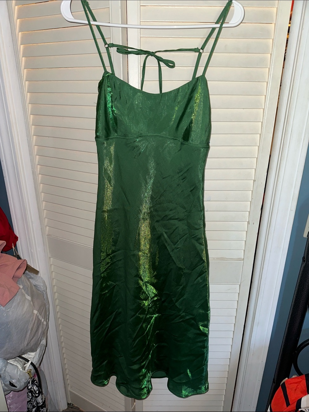 Le Lis Emerald Green Satin Midi Slip Dress with Tie Back
